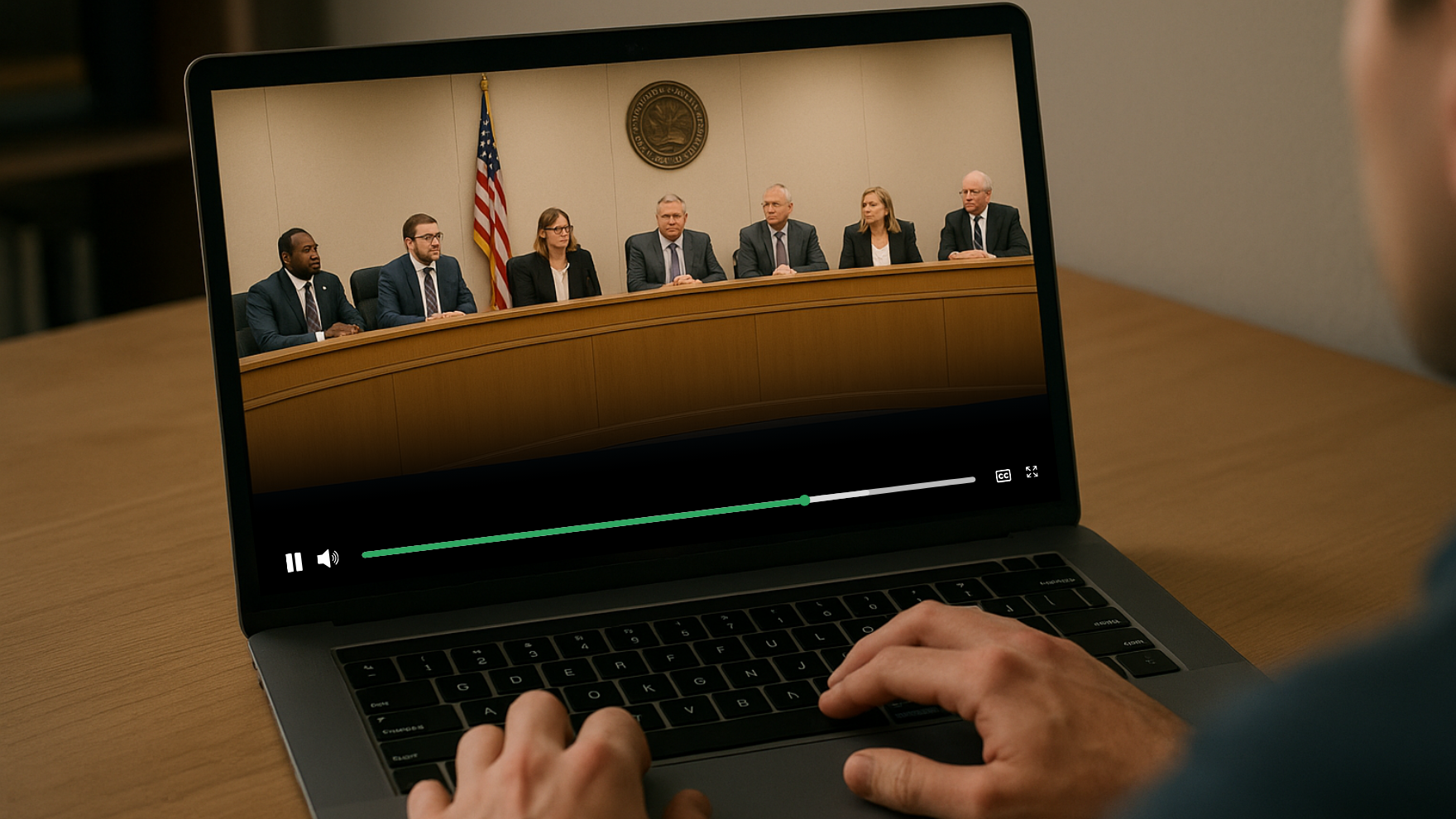 A person watches a government meeting on a laptop, with seven officials seated at a curved dais in front of an American flag and official seal. The video player interface shows active playback, indicating the meeting is being streamed or viewed on demand.