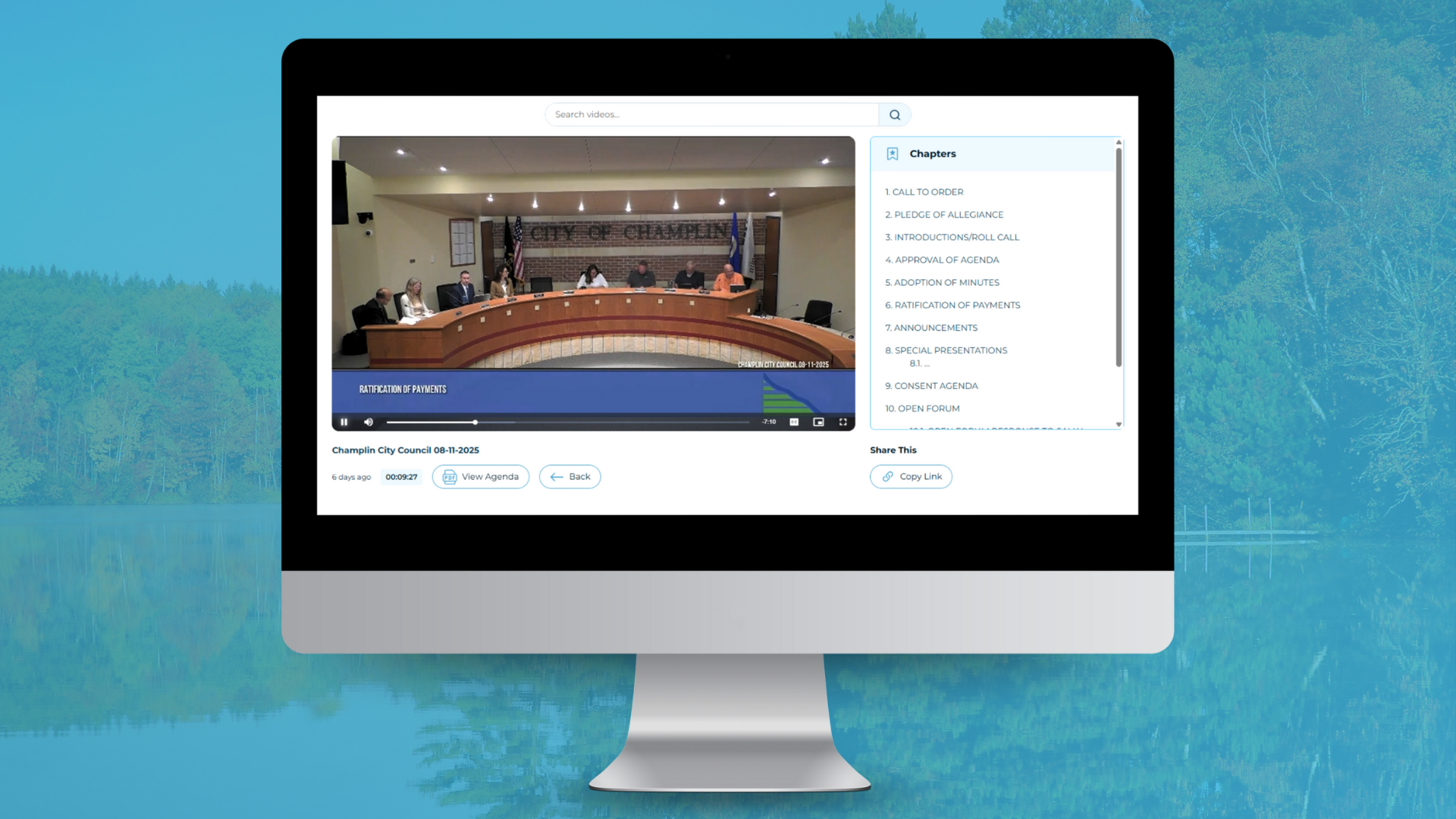 Computer screen displaying a Champlin City Council meeting video on QCTV's Internet Channel, with visible agenda chapters and playback tools on a lake-themed background.