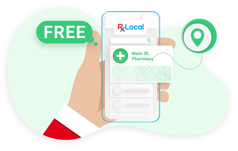 Illustration of guy holding phone with pharmacy finder on screen