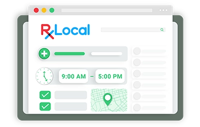 Claim step with illustration of several pharmacy locations and hours of operation