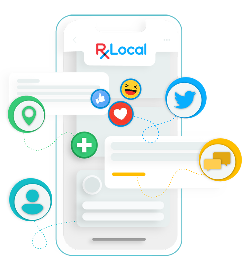 Illustration of all RxLocal features floating in front of phone