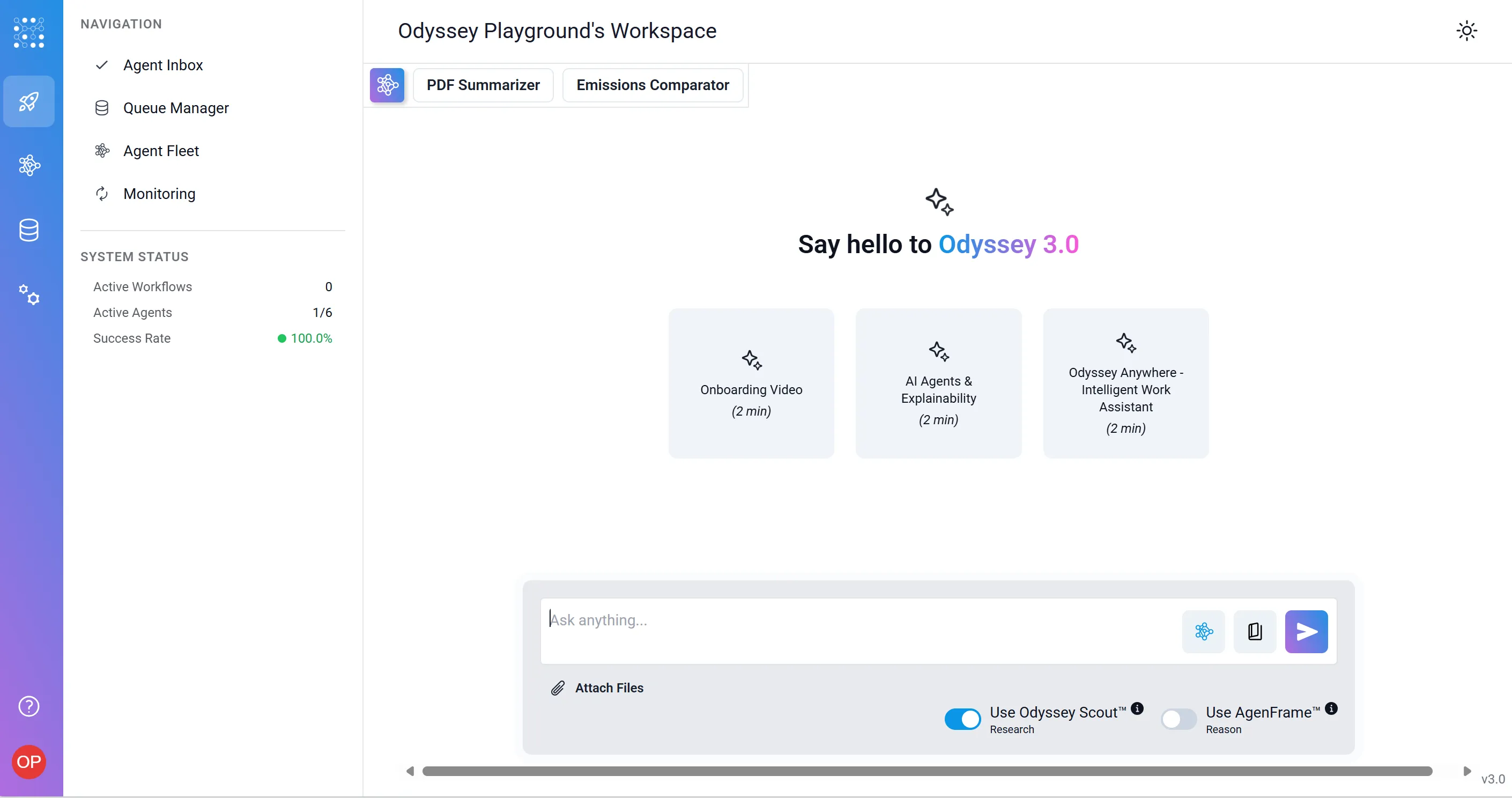 Odyssey AI platform interface showing agentic solutions dashboard for regulated enterprises