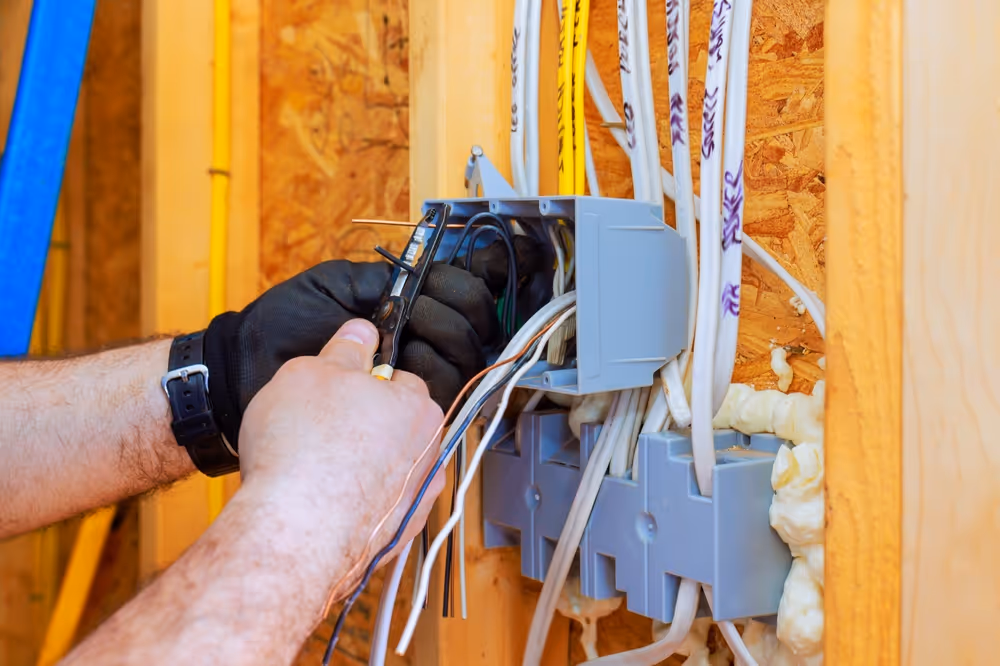 Electrician performing residential electrical work with nm cable, adding outlets to improve convenience and protect the home's electrical system from potential issues and electrical fires.