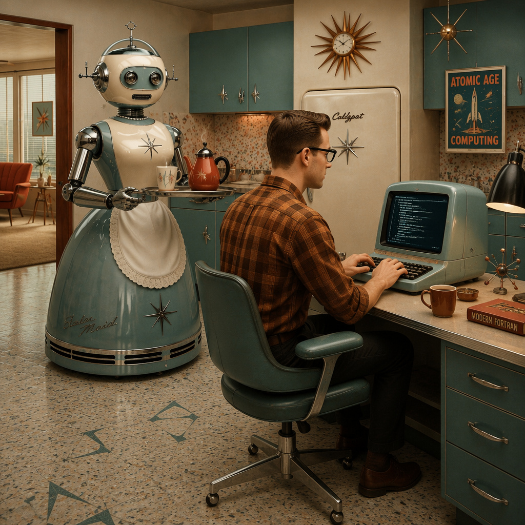 AI-generated image of a robot serving a developer a cup of coffee. All in an "Atomic Age" style. 