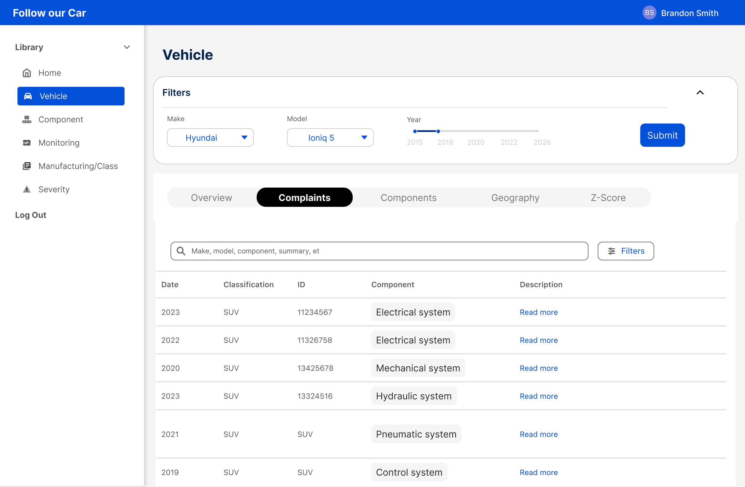 Vehicle page complaints table