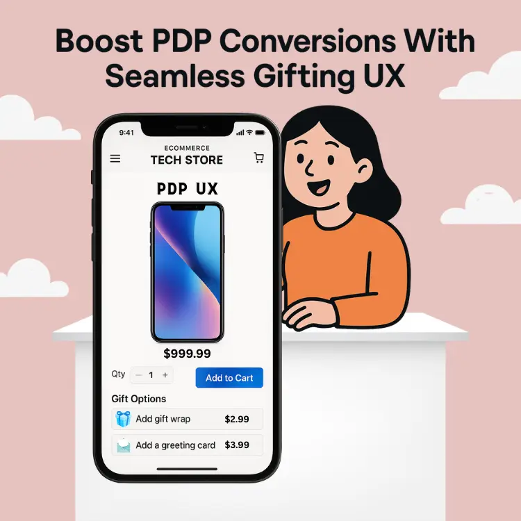 A cartoon woman holding a large iPhone screen of a mockup of an e-commerce tech store exhibiting PDP UX