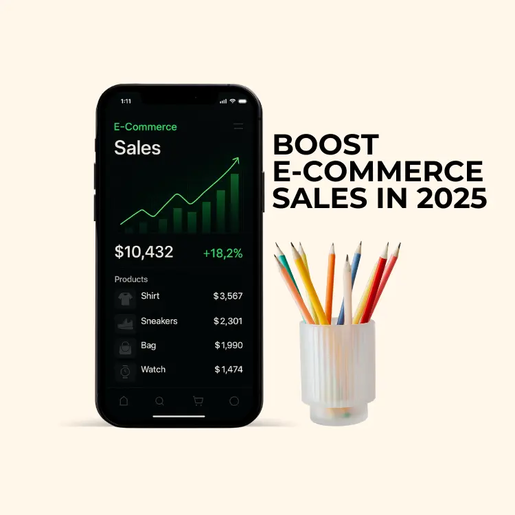Small, square graphic for Boost e-commerce sales in 2025 with growth strategies and online revenue insights