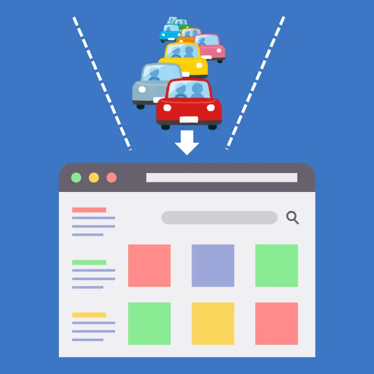Illustration of colorful cars symbolizing online users driving into a web browser window, representing heavy website traffic flowing into a webpage.