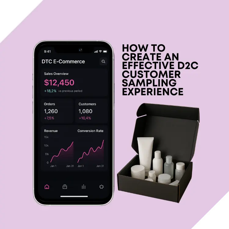 iPhone with D2C e-commerce dashboard next to an open black box of product samples, with text reading “How to create an effective D2C customer sampling experience.”