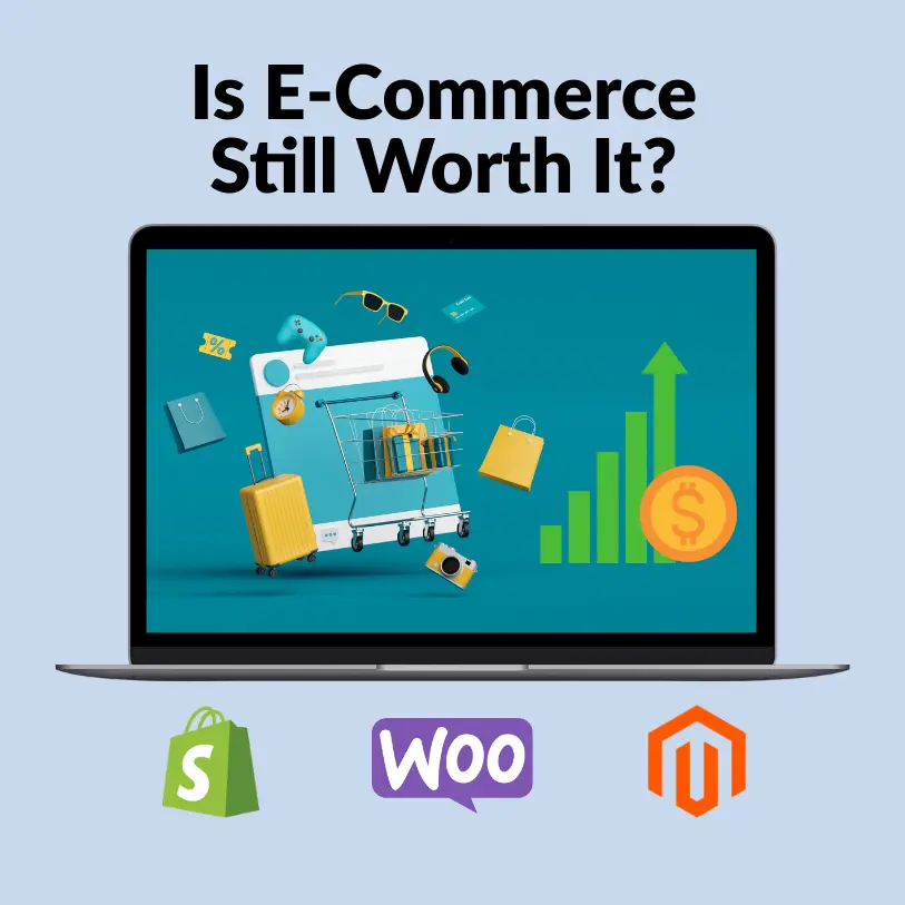 Illustration of e-commerce growth with shopping cart on laptop, sales icons, and logos of Shopify, WooCommerce, and Magento