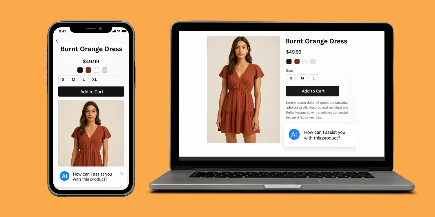 Mockup of burnt orange dress product detail page with AI shopping assistant displayed on iPhone and laptop screens