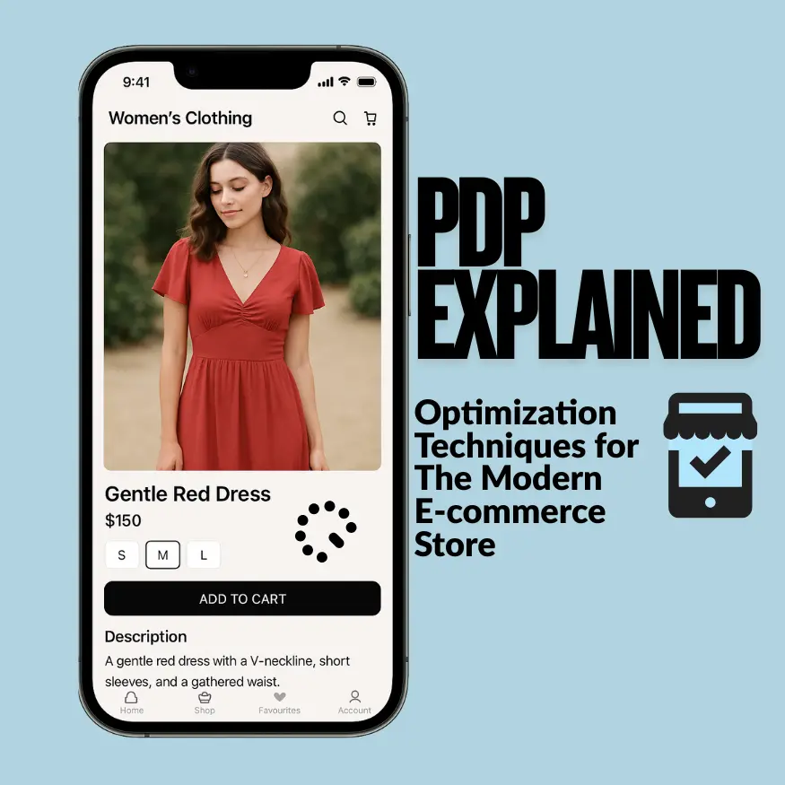 Mobile e-commerce product detail page (PDP) example featuring a red dress with size options, price, add-to-cart button, and product description, alongside text explaining PDP optimization techniques for modern online stores