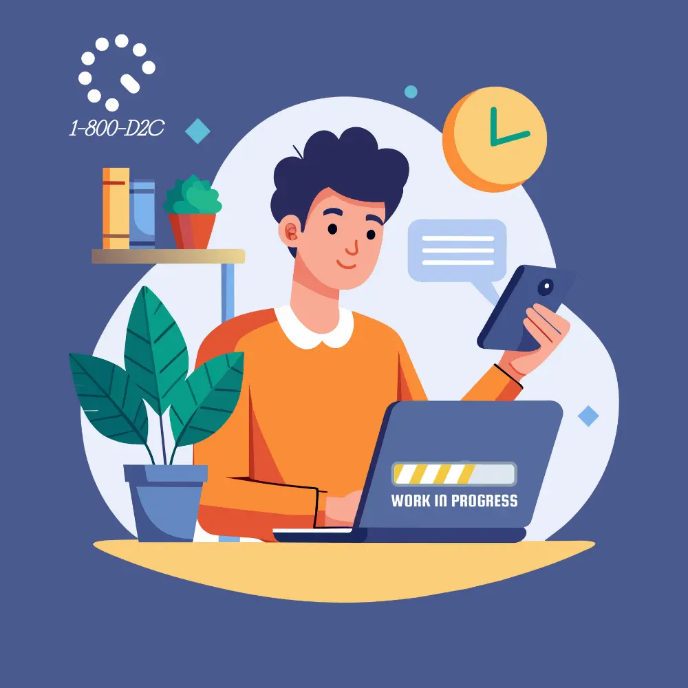 Illustration of man working on laptop with phone in hand, text reads work in progress