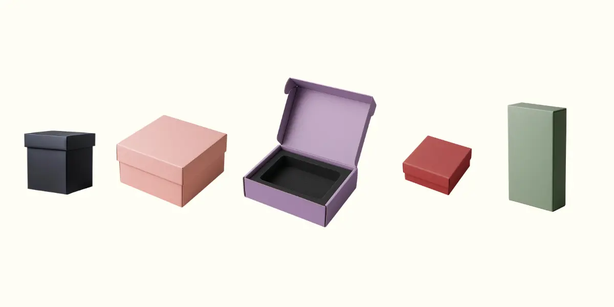 Five minimalist and plain e-commerce packaging boxes in various colors and shapes, including black, pink, purple, red, and green boxes, displayed on a neutral background acting as examples for squarification.