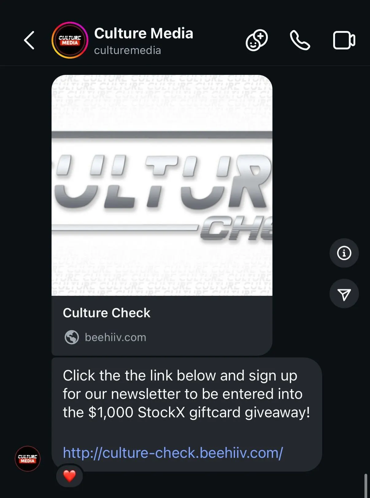 Instagram DM from Culture Media to subscriber to advertise brand