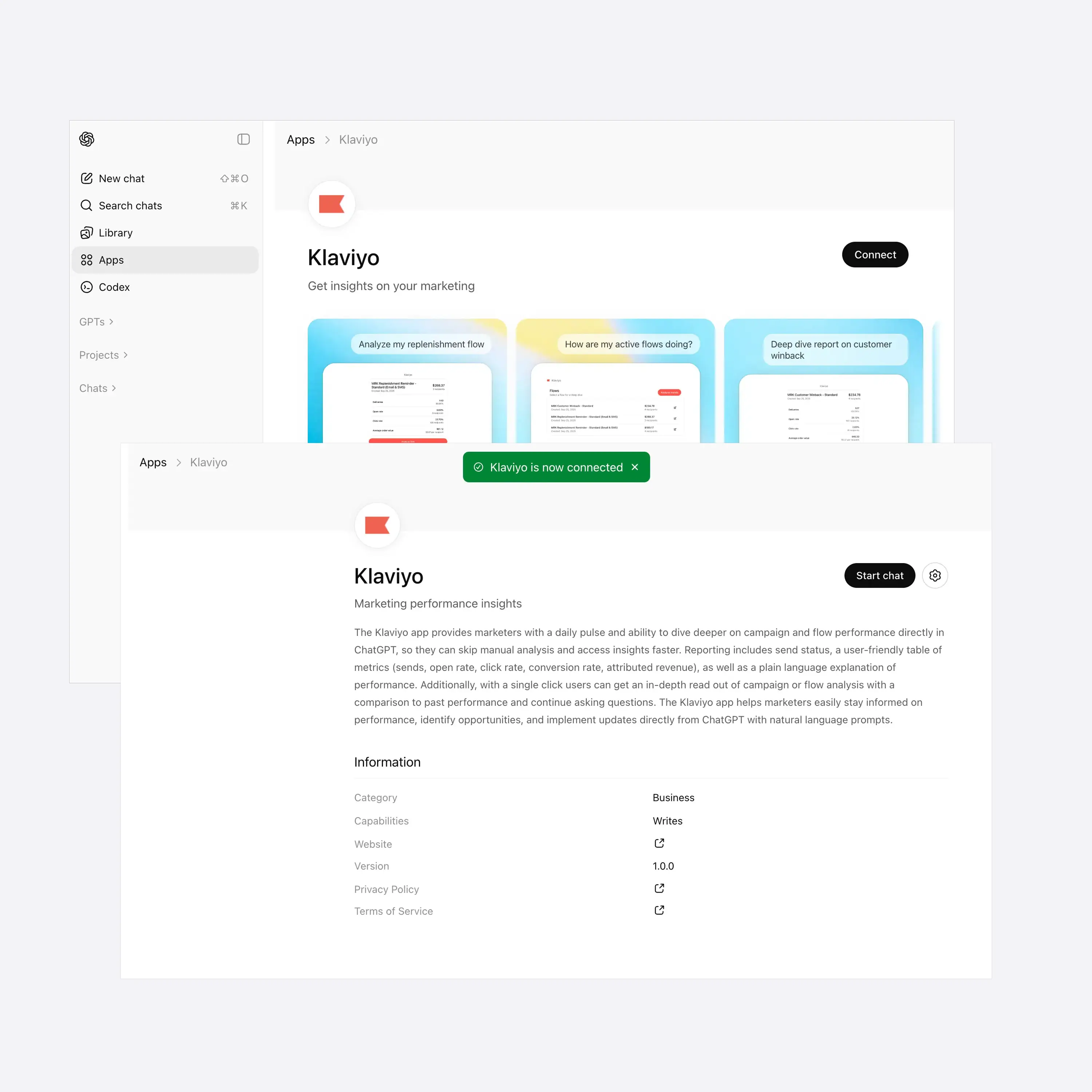 Graphics displaying how to add Klaviyo to ChatGPT