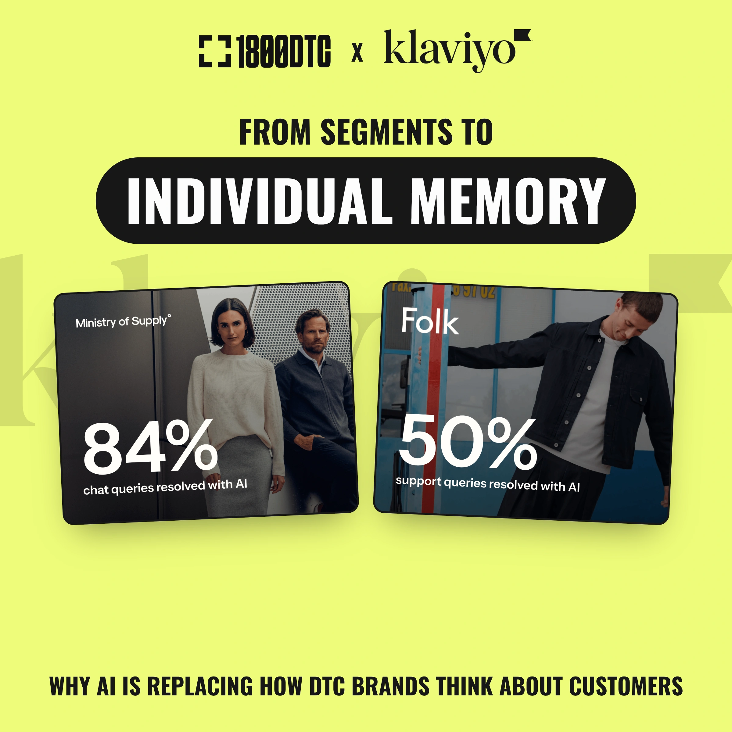 Cover branding for Klaviyo case study results in 1800DTC branding, to highlight Minsistry of Supply and Folk performance