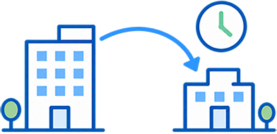 Illustration showing a transition from a taller office building to a smaller building with a clock above, connected by an arrow, suggesting change in time or size.