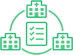 Graphic showing three hospital building icons surrounding a clipboard with a checklist and checkmarks, all connected by curved arrows.