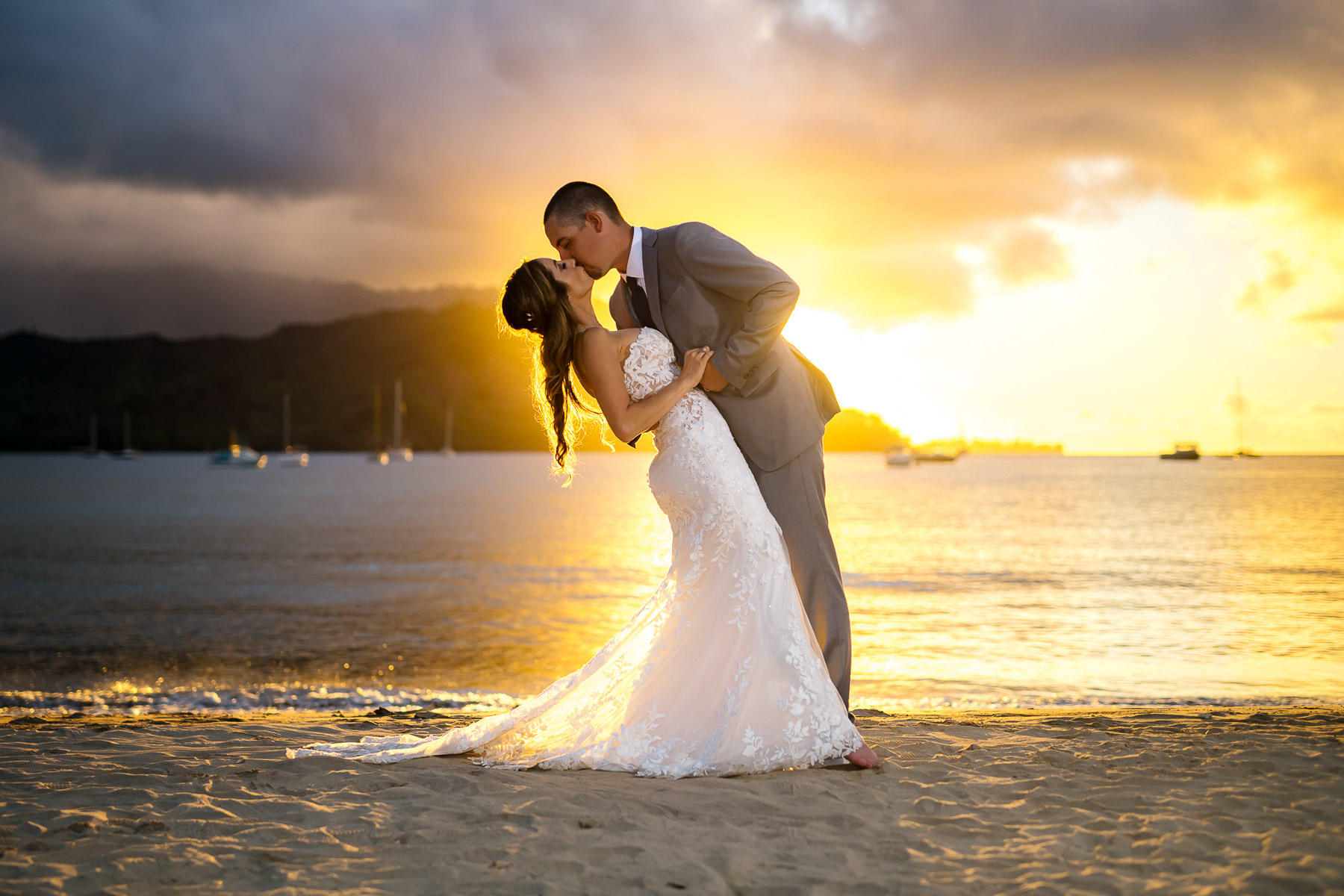 sunset kiss on the beach in kauai