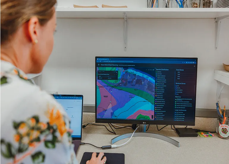 Person viewing a seed sourcing dashboard with color zones and species info on a large monitor at a desk.
