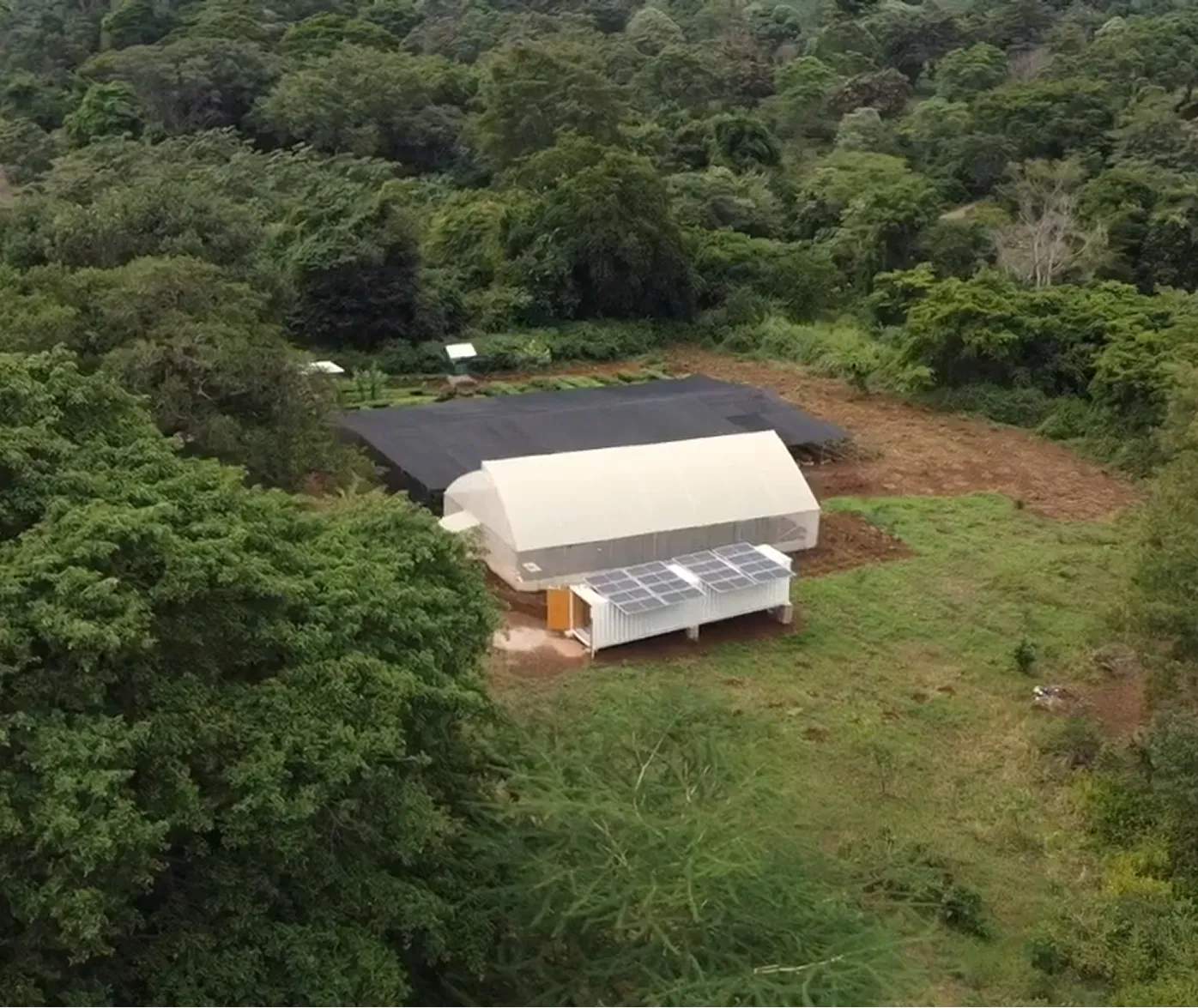 Aerial view of a small facility in a green forest clearing featuring a white greenhouse structure next to a white container outfitted with solar panels on top.