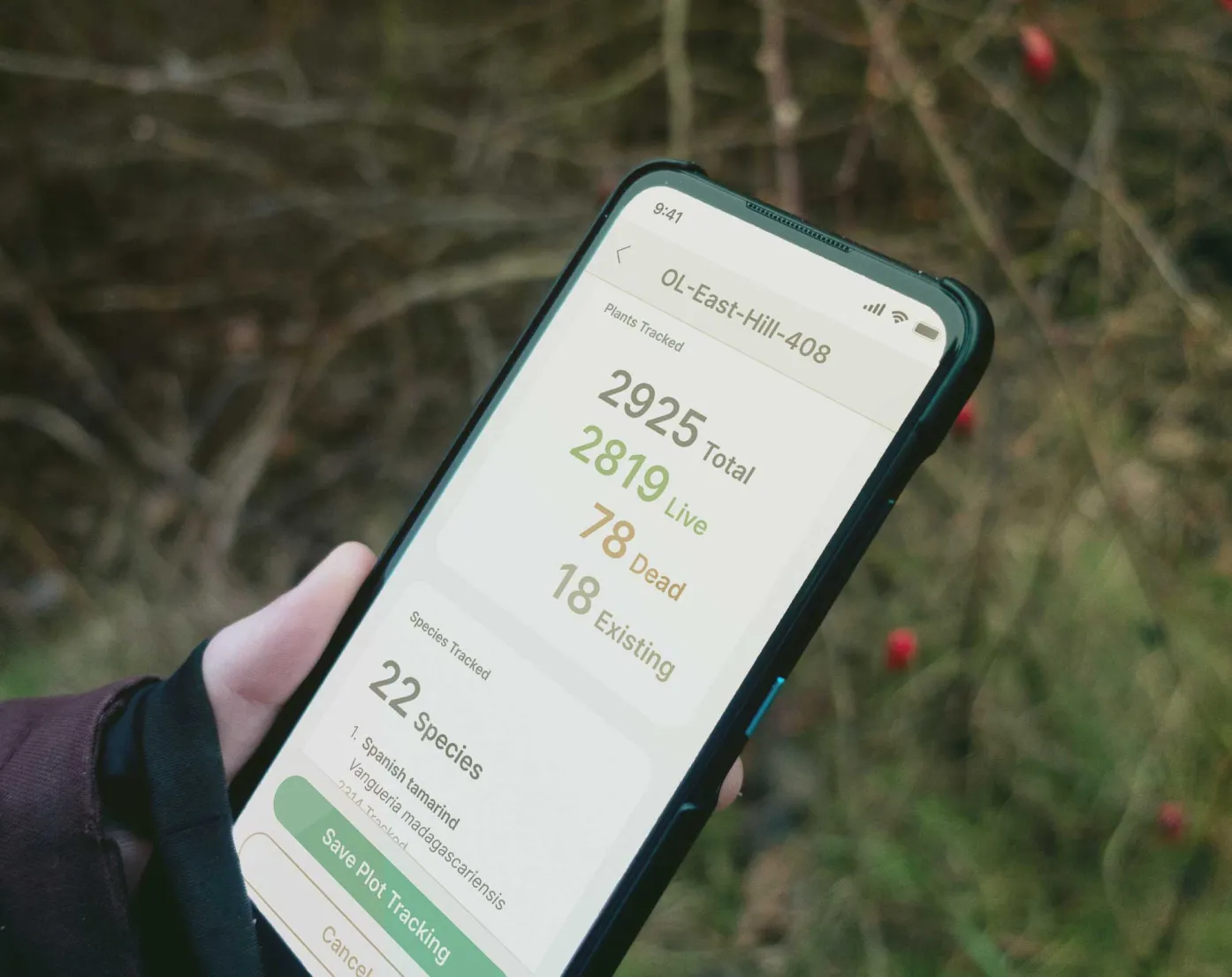 Hand holding a smartphone displaying an app screen titled OL-East-Hill-408 showing plants tracked with totals: 2925 total, 2819 live, 78 dead, and 18 existing, plus 22 species tracked including Spanish tamarind with its scientific name, and buttons for Save Plot Tracking and Cancel.