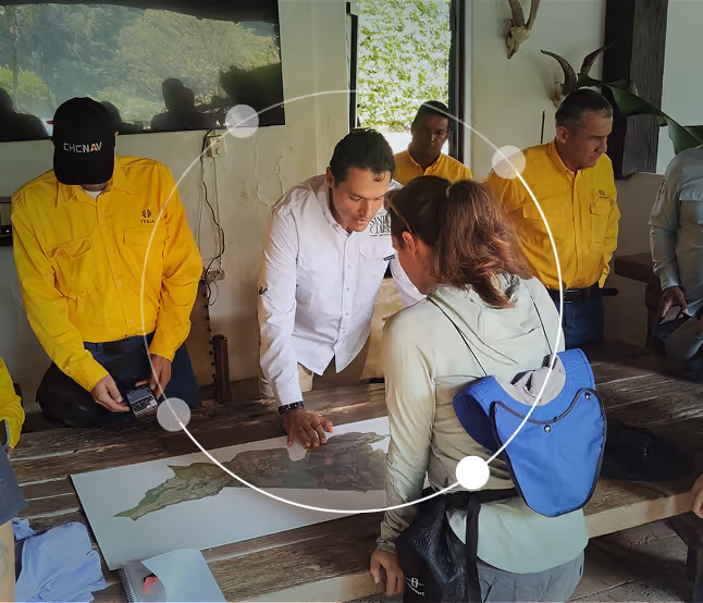 A group of people around a wooden table looking at a large map, including a man in a white shirt and others in yellow shirts, in a room with plants and wall decor.