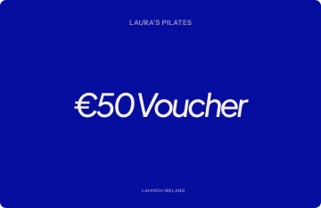 Blue voucher card with text '€50 Voucher' in white, branded Laura's Pilates, Lahinch Ireland.