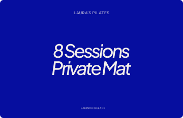 Blue card with white text advertising '8 Sessions Private Mat' for Laura's Pilates.