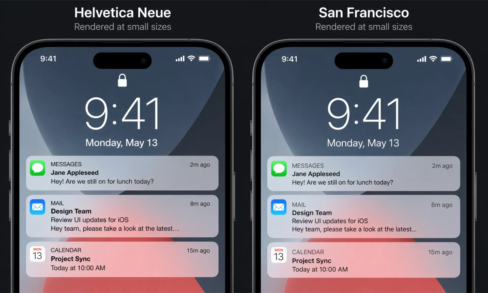 comparing helvetica neue and San Francisco on iPhone
