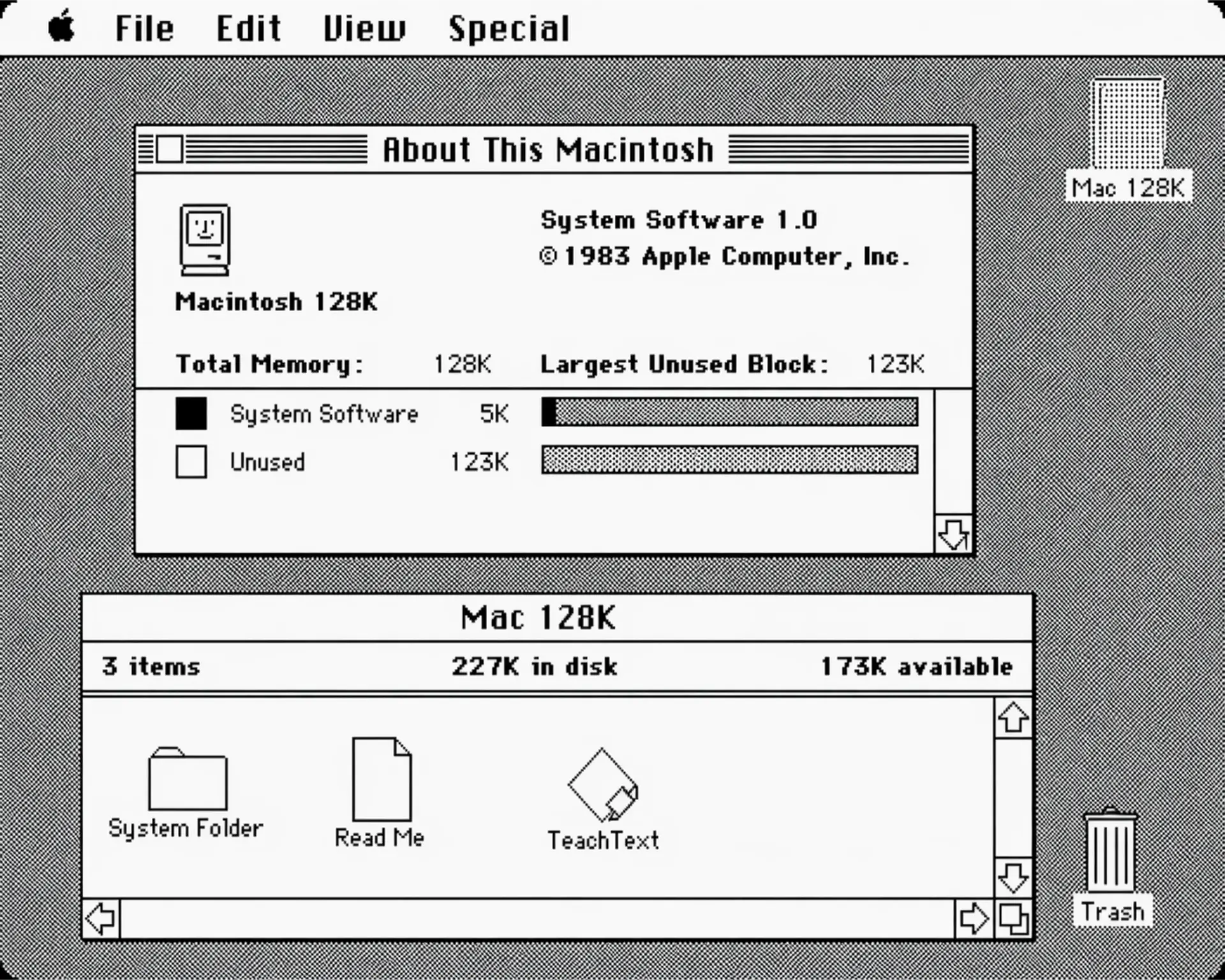1984 Apple Macintosh System 1 interface using Chicago bitmap font