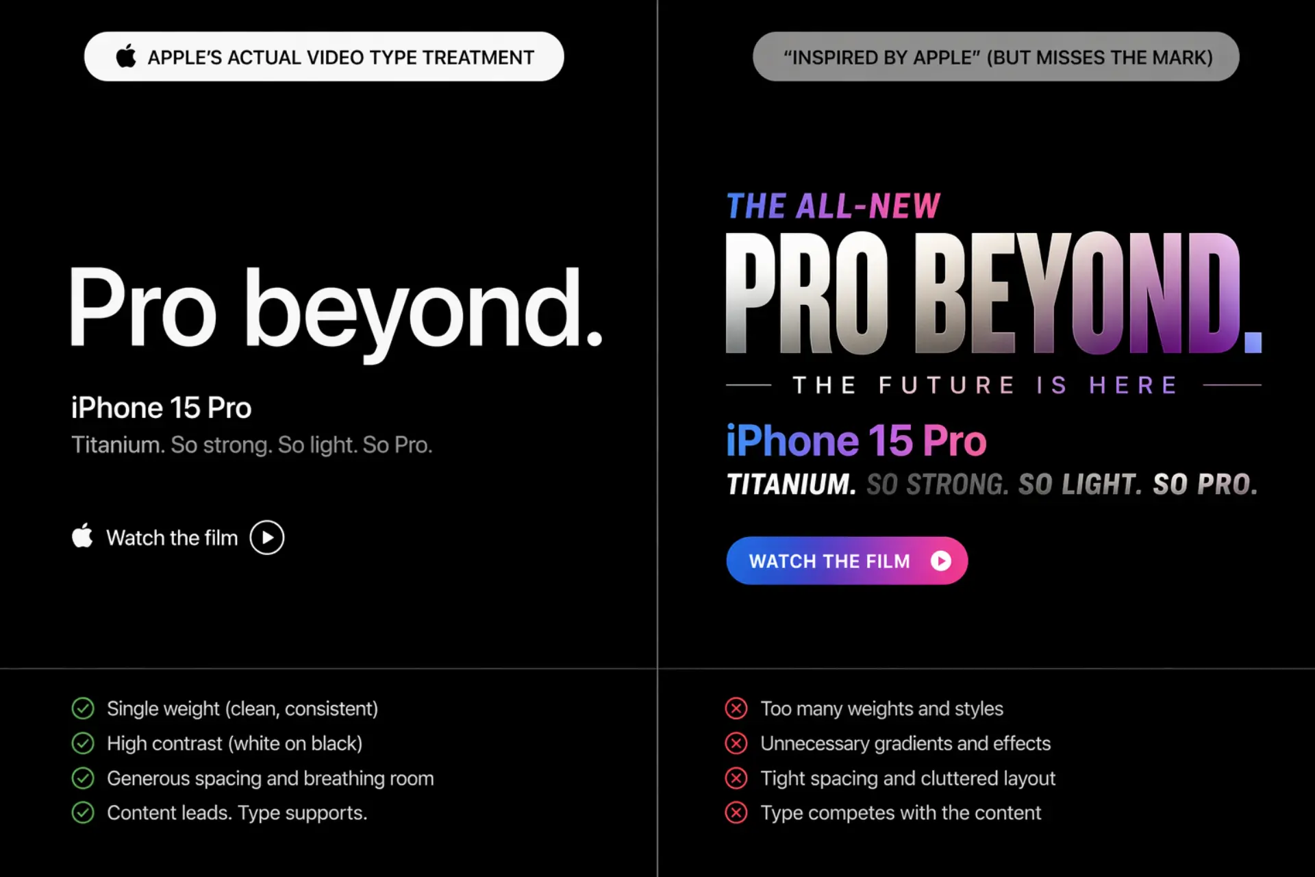 Apple video typography done right vs common imitation mistakes — split-screen comparison