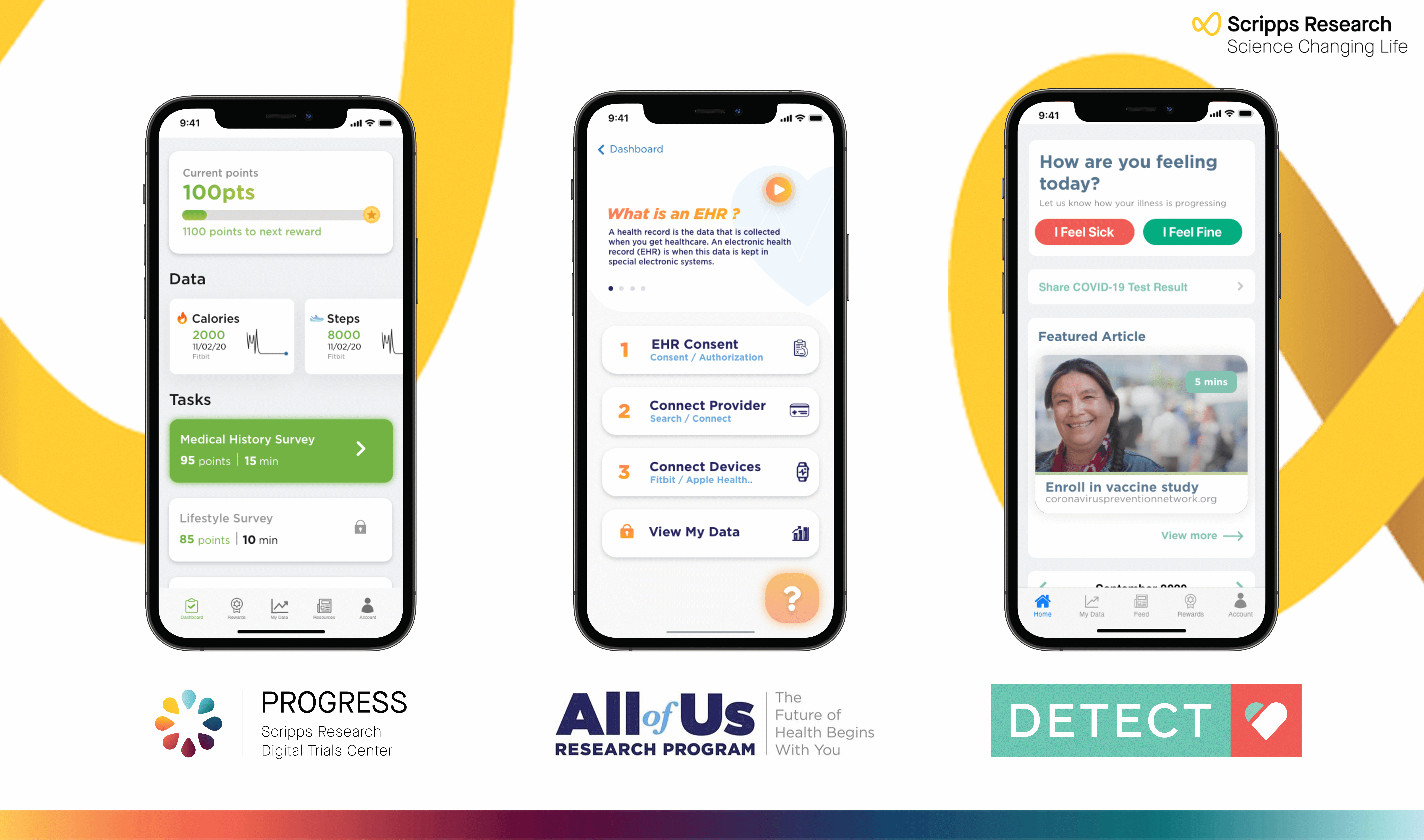 Banner image with 3 screens from 3 different screen apps. Progresss, All of Us and Detect