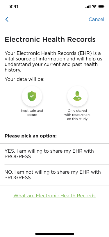 Screen capture from PROGRESS app of health records request screen.