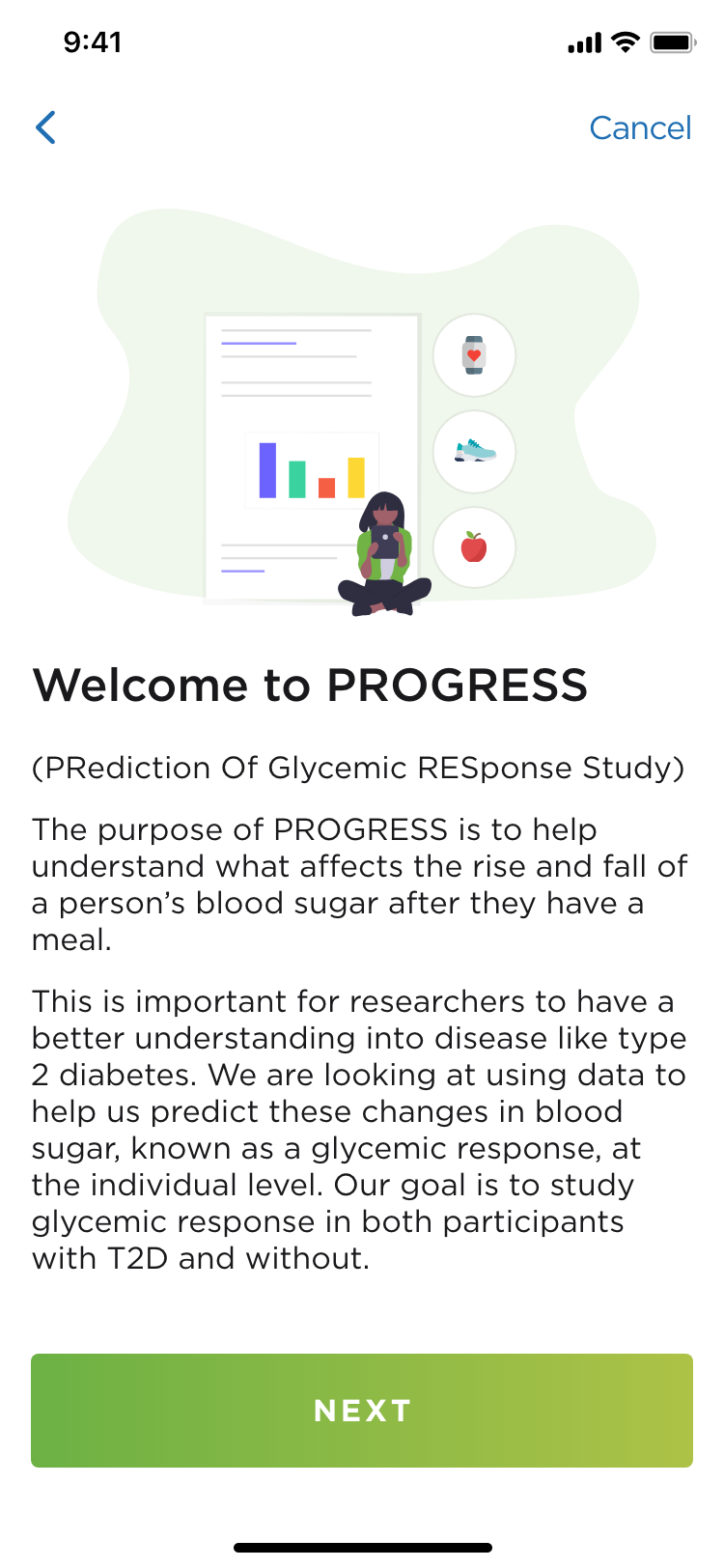 PROGRESS app welcome screen