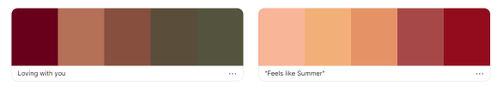 A preview of two colour palettes. The first palette contains the colours burgundy, peach, brown and 2 shades of dark green. The second palette contains the colours peach, yellow-orange, pink and red.