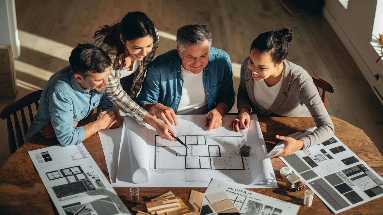 A stunning image of a family gathered around a large wooden table, intently examining blueprints and discussing renovation plans with a professional interior designer. The room is filled with natural light, casting soft shadows and highlighting the details of the mood boards and sample materials spread out around them. The family members wear expressions of excitement and anticipation, while the designer sits poised, ready to offer suggestions and guidance.