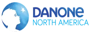 Danone North America logo with a white silhouette face in a blue circle and the company name text.