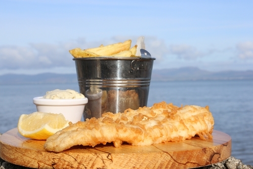Product and Food Photography by Jenny Callanan Photography, fish and chips with a blue sky beside the sea, Glyde Inn Annagassan