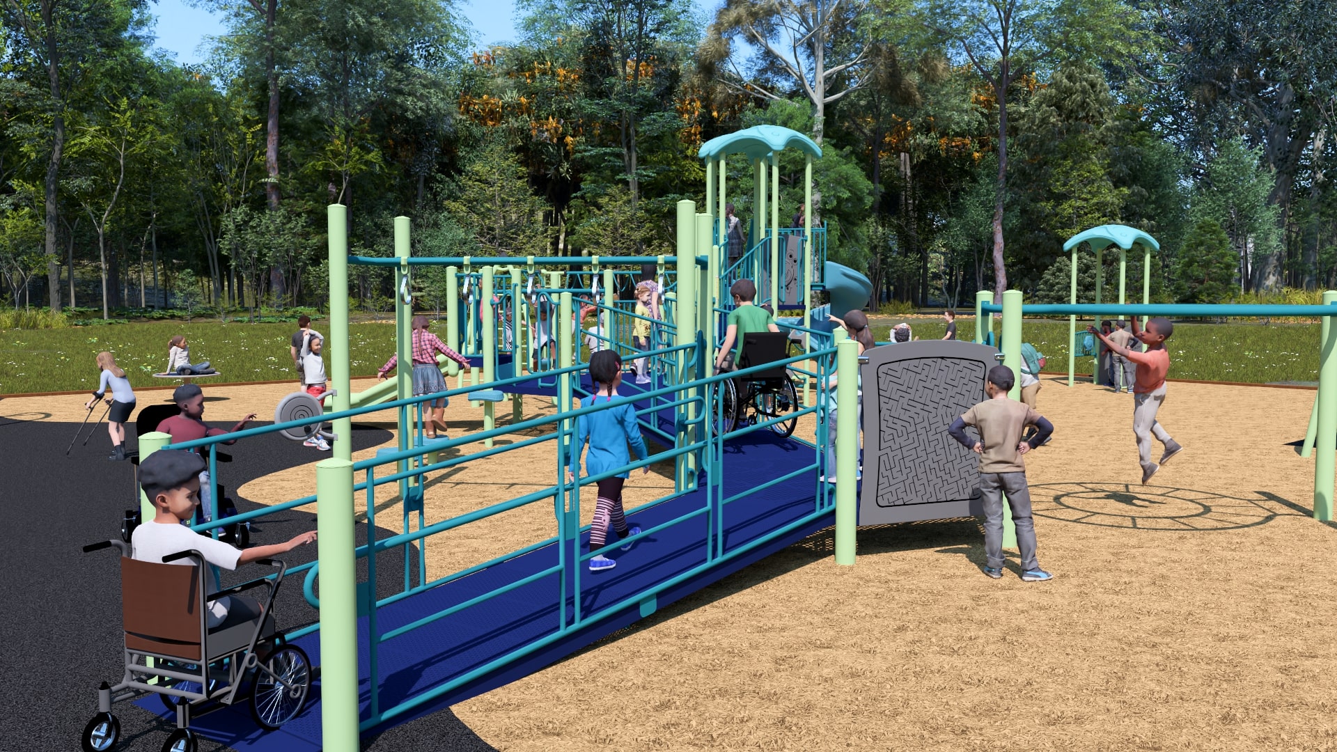 Steffie Woima Elementary School playground equipment in Sylvan Lake, AB showing accessible play equipment