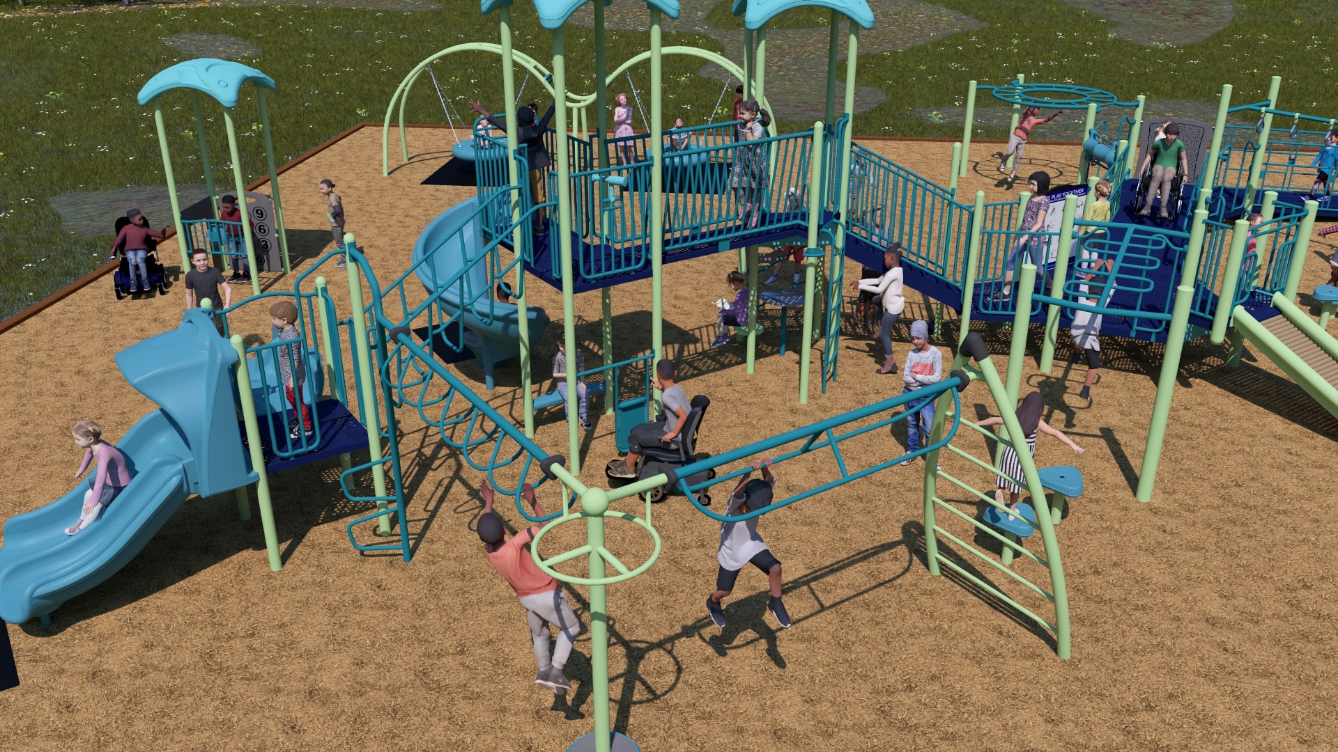 Steffie Woima Elementary School playground equipment in Sylvan Lake, AB showing swing sets and climbing areas