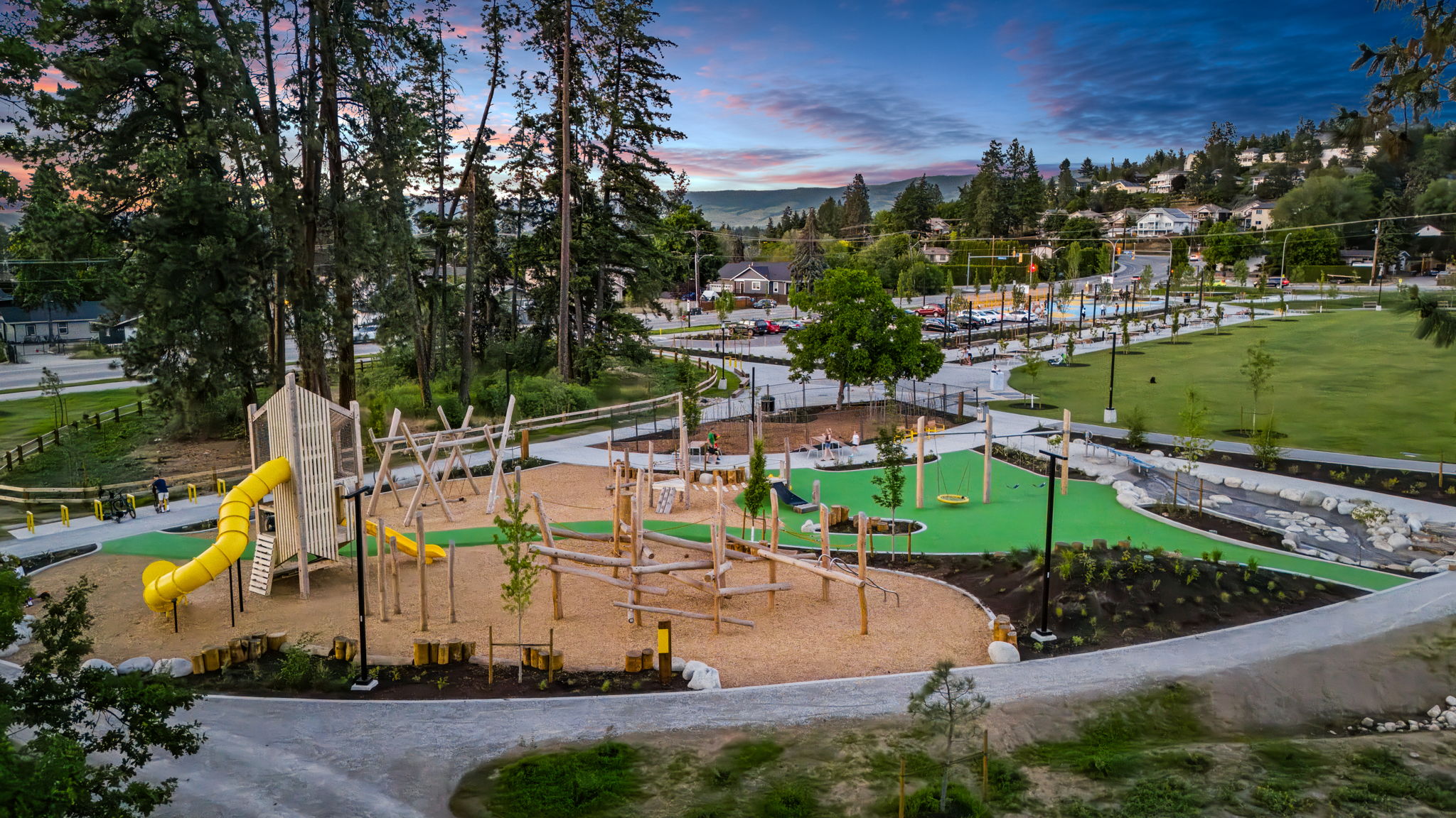 DeHart Community Park playground equipment in Kelowna, BC showing nature-inspired design