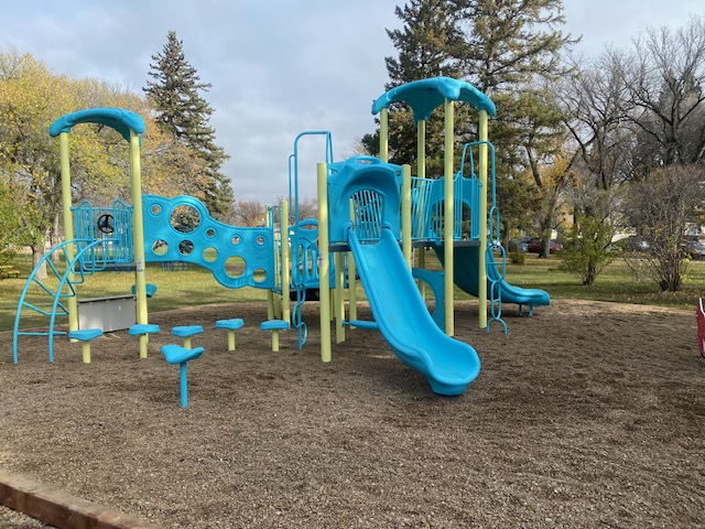 Coronation Park playground equipment in Brandon, MB featuring modern playground design