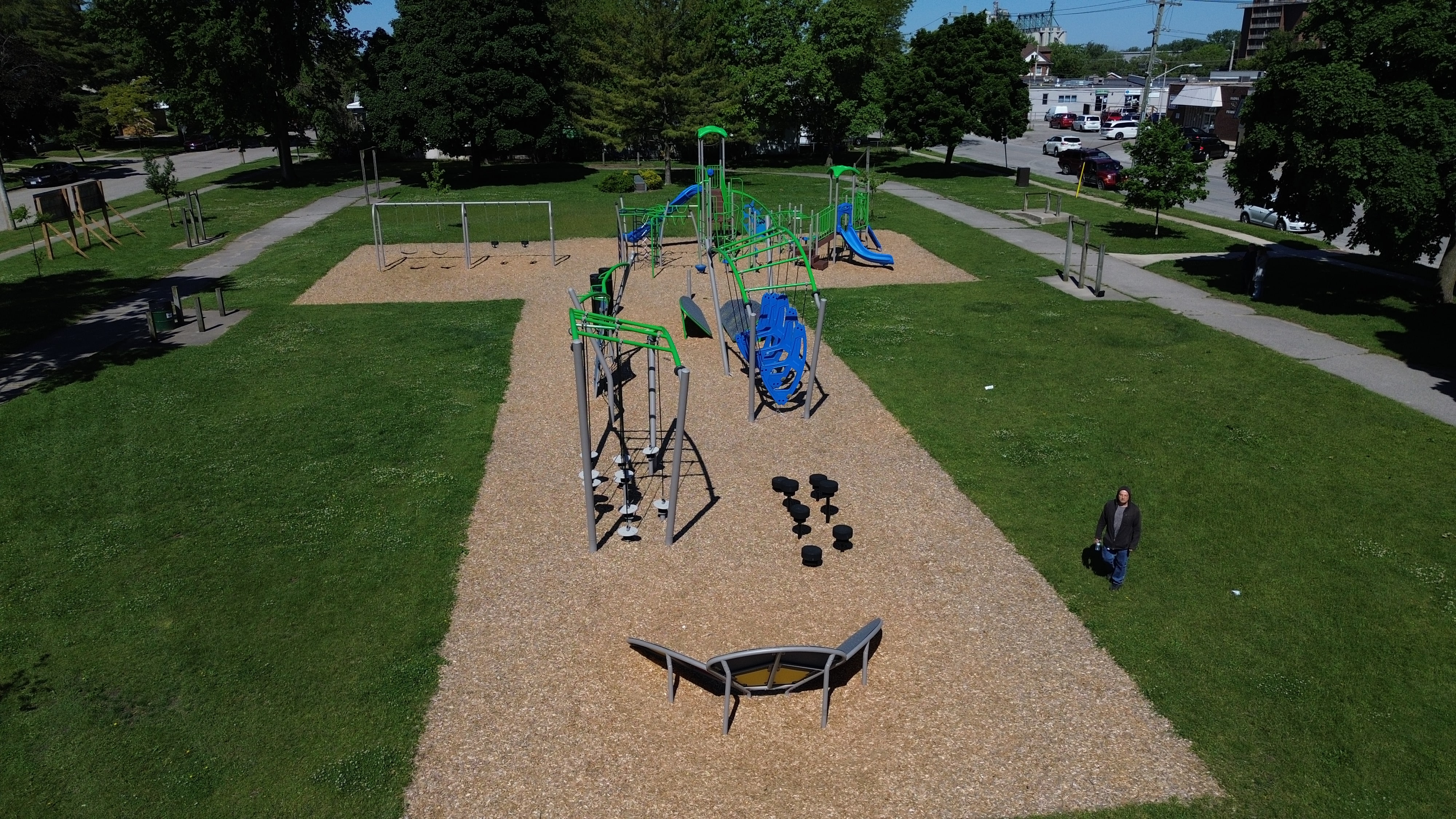 Harry Turnbull Park playground equipment in Sarnia, ON featuring colorful play structures