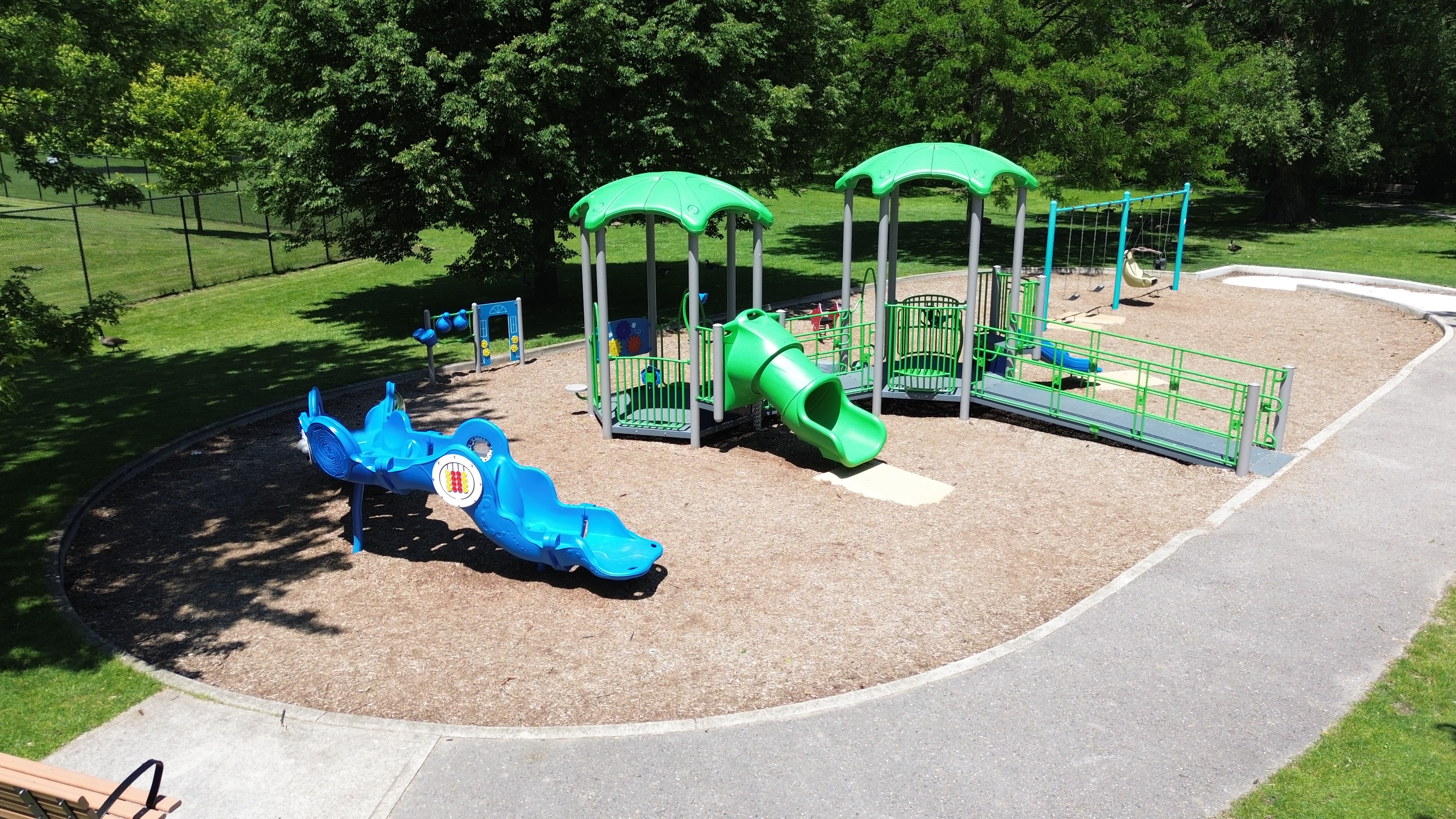 Gibbons Park playground equipment in London, ON with safety surfacing and equipment