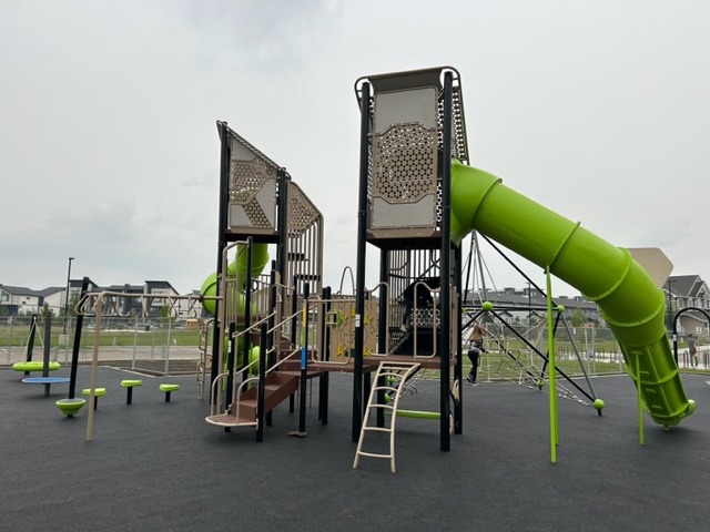 Joan Carr School playground equipment in Edmonton, AB showing swing sets and climbing areas