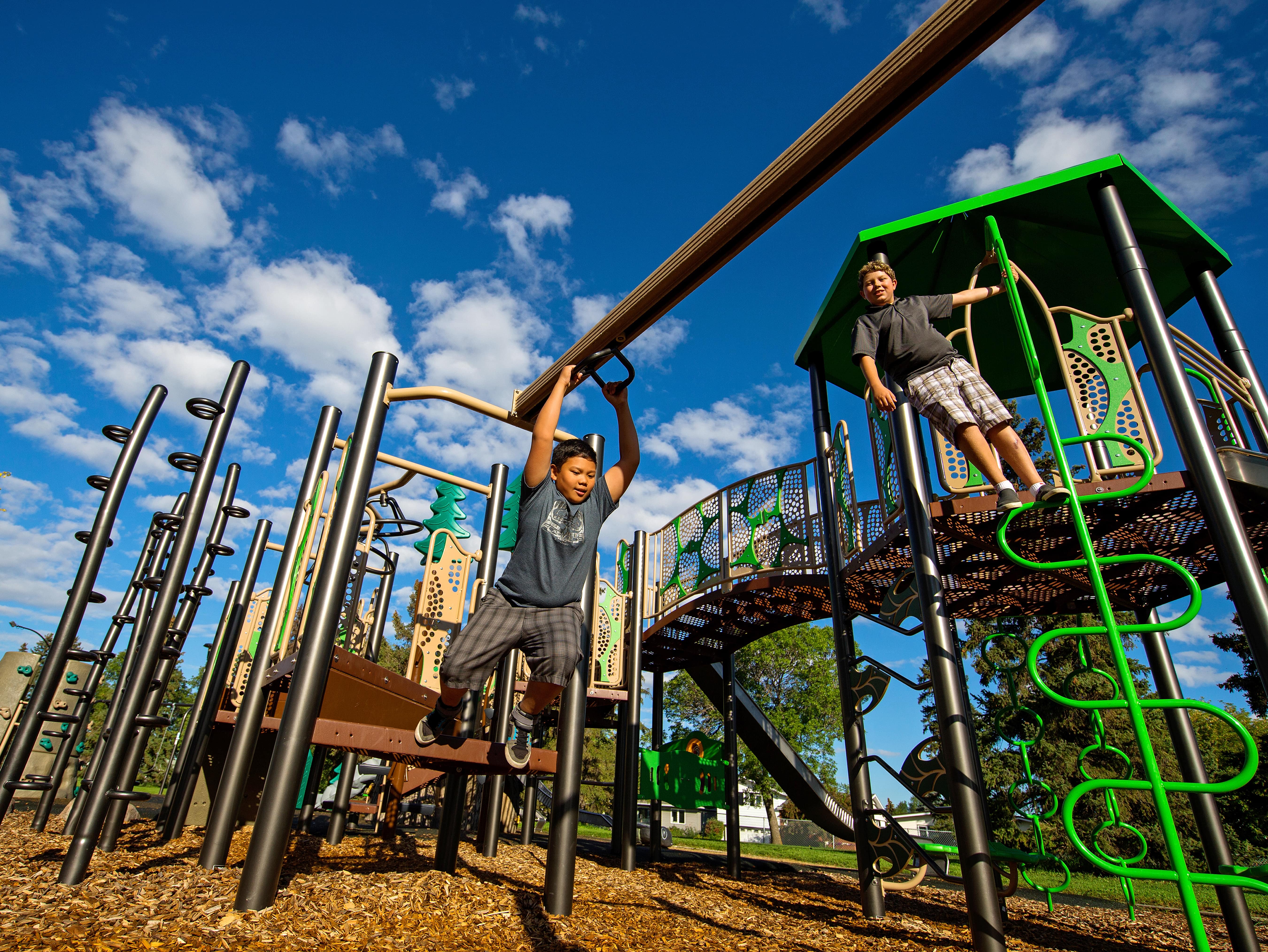 Lendrum "Honey Bee" Themed Park playground equipment in Edmonton, AB featuring slides and activity panels