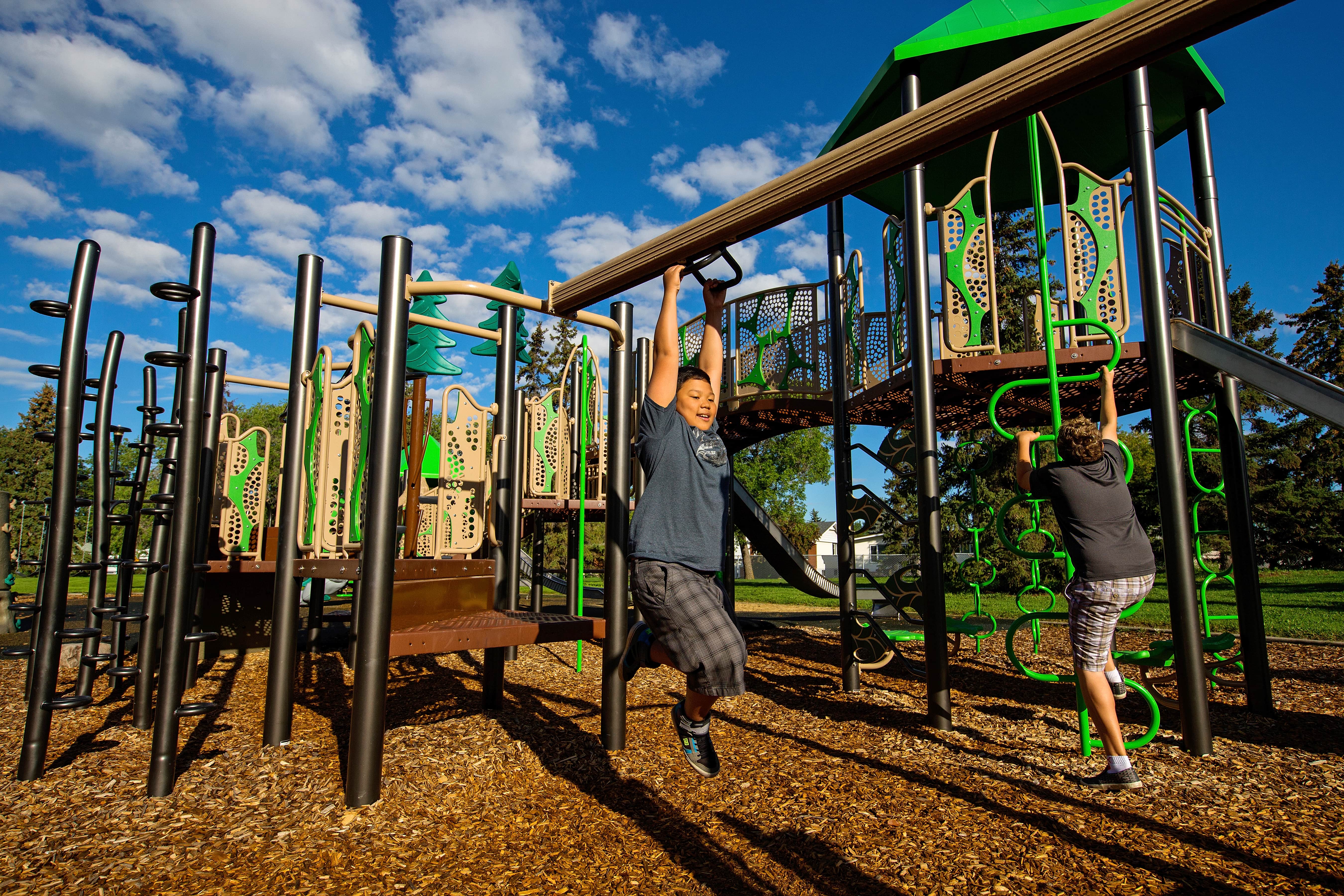 Lendrum "Honey Bee" Themed Park playground equipment in Edmonton, AB showing swing sets and climbing areas