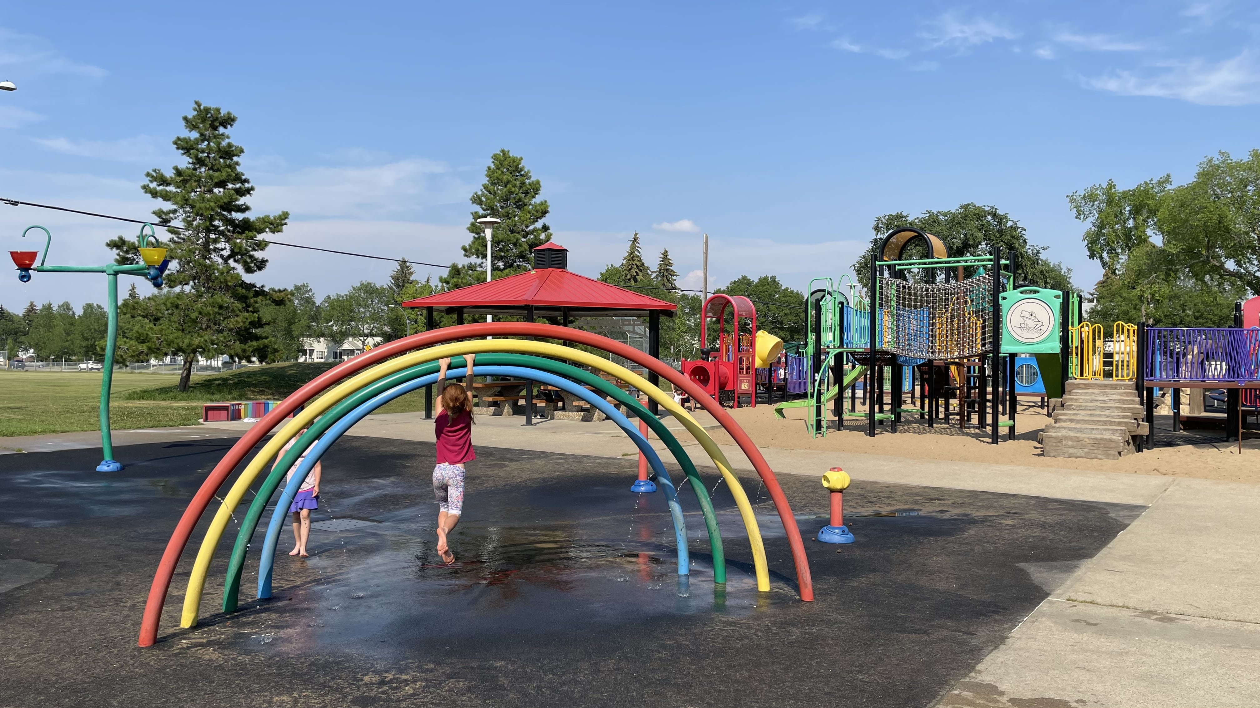 Hazeldean Park playground equipment in Edmonton, AB featuring carved critters scavenger hunt